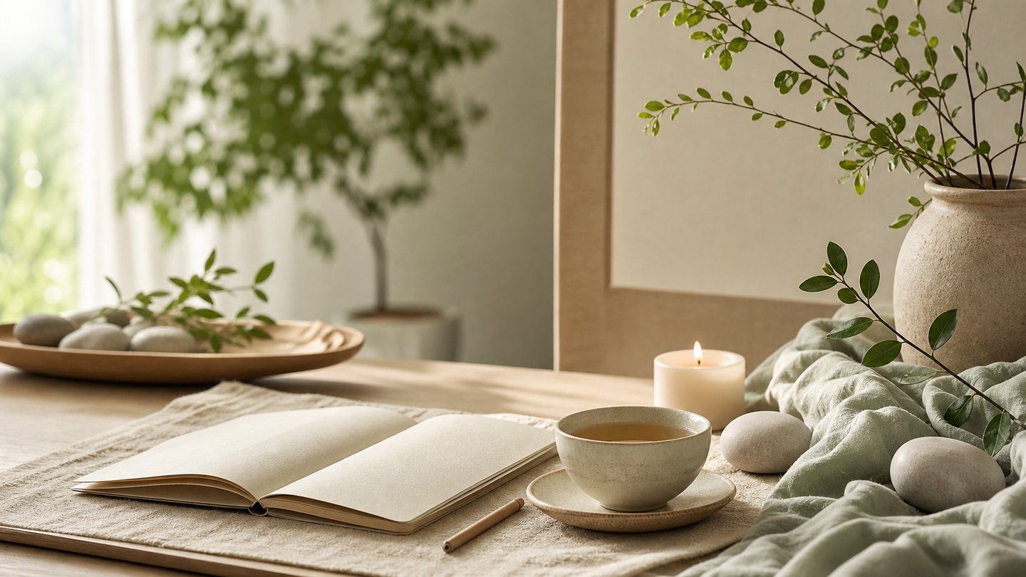 Ambiance douce avec plantes, carnet et matières naturelles pour évoquer le bien-être sensoriel
